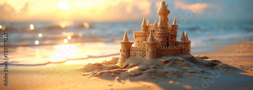As the winter sun sets over the ocean, a sand castle stands proudly on the beach, its turrets reaching towards the colorful sky, a symbol of strength and resilience against the changing tides