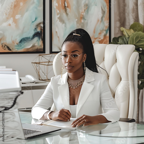 A beautiful black woman with hair extensions in a white business suit. Afro American girl. Beauty skin female face. Hair Salon, Wavy Hair. Salon Photography.