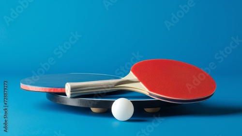 Table tennis rackets and a ball isolated on a blue background