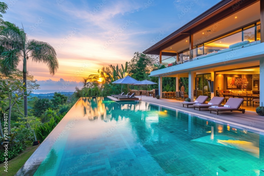 Luxury Villa Retreat at Sunset with Pool, Garden, and Open Living Space