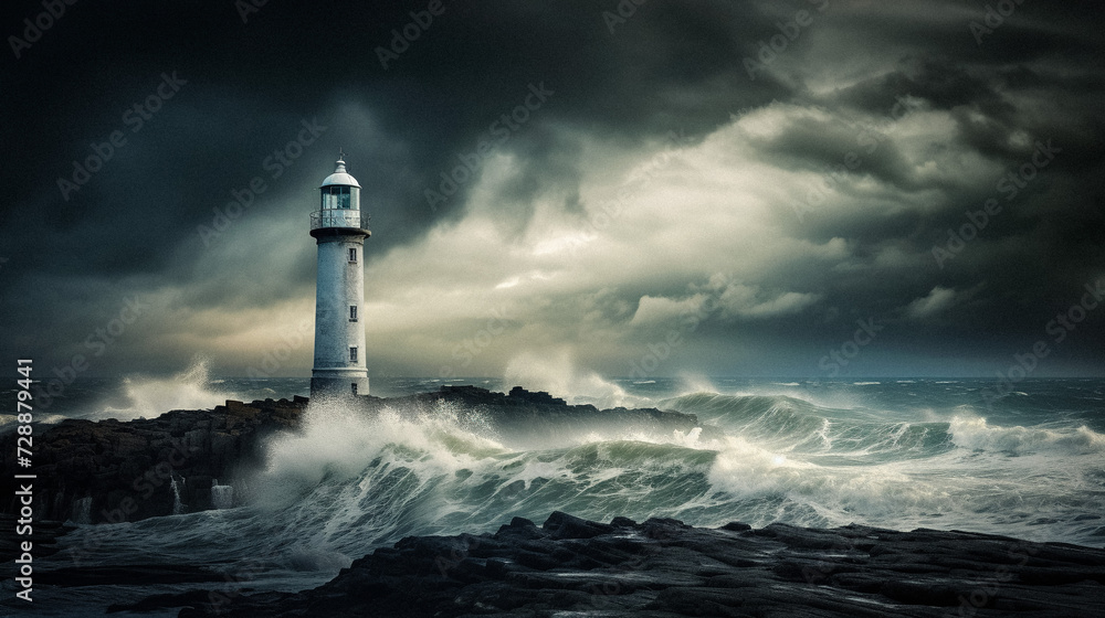 AI-Generated Majestic Lighthouse in Stormy Seascape