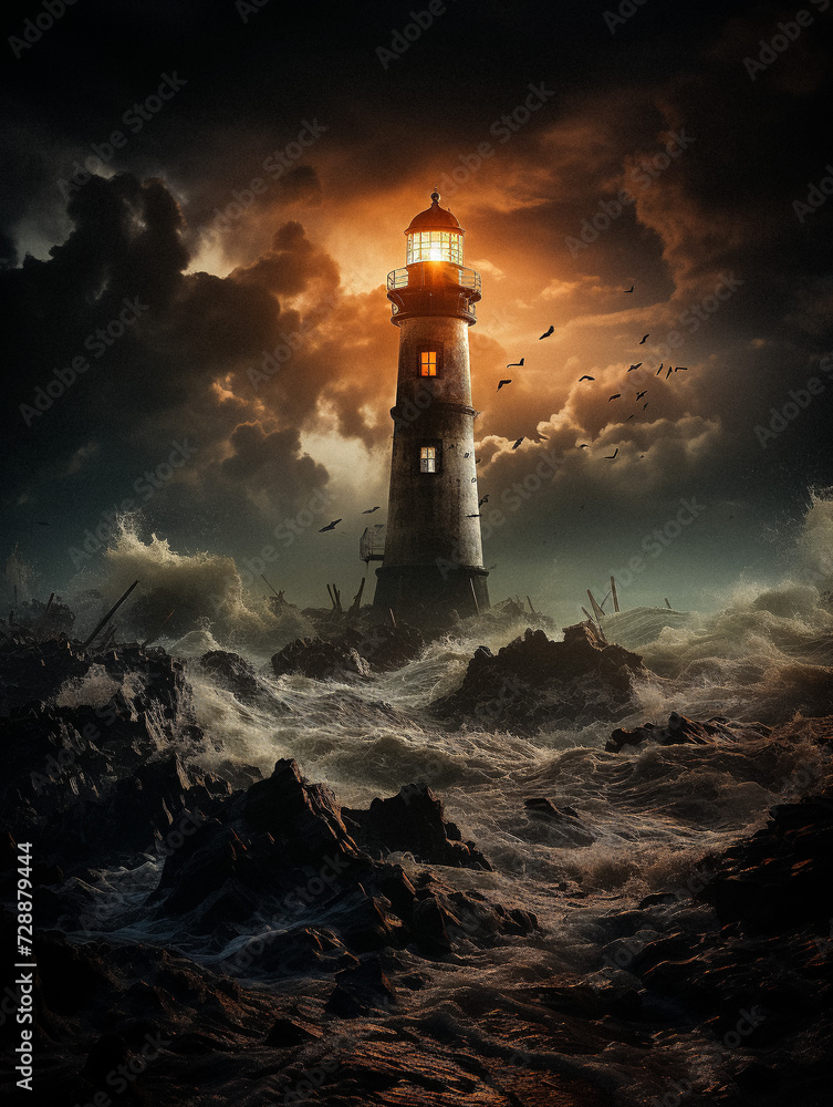 AI-Generated Lighthouse Amidst Stormy Seas