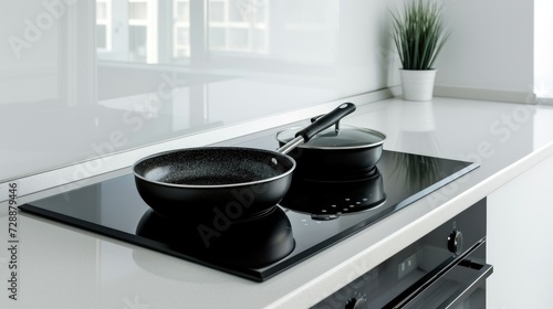 Sleek White Kitchen: Modern Black Induction Stove with Ceramic Cooktop and Frying Pan