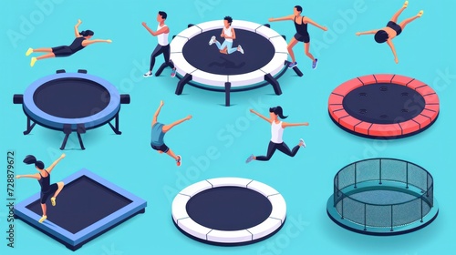 Isometric vector illustration of a black icon set featuring trampoline jumping entertainment. These icons represent both indoor and outdoor leisure activities, showcasing fitness, gymnastics photo