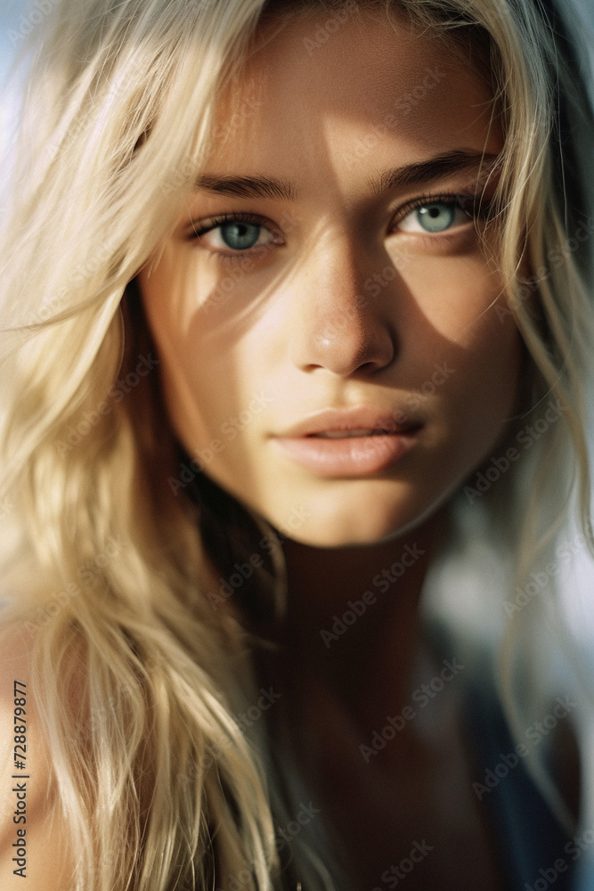 Naklejka premium AI-Generated Portrait of a Stunning Blonde Woman with Blue Eyes