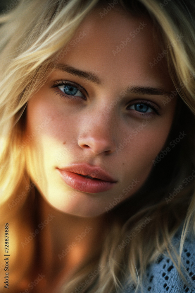 Fototapeta premium AI-Generated Portrait of a Stunning Blonde Woman with Blue Eyes