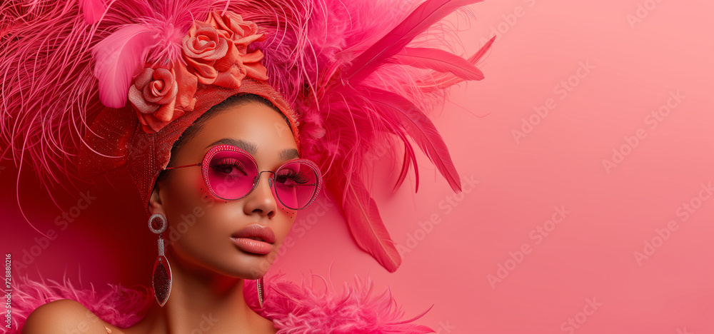Obraz premium Fashionable model in boho chic style with sunglasses on a pink background