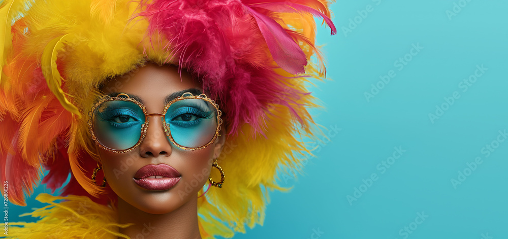Vibrant carnival woman with feather headpiece and ornate sunglasses on turquoise background
