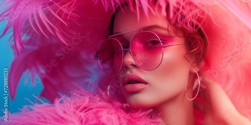 Stylish woman with pink feathers and trendy sunglasses against a blue-pink gradient