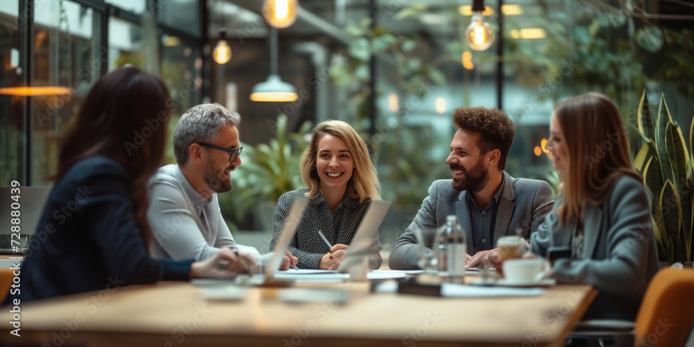 Smiling professionals engaged in a lively meeting at a trendy office cafe with modern decor. Business meeting, discussion at the table