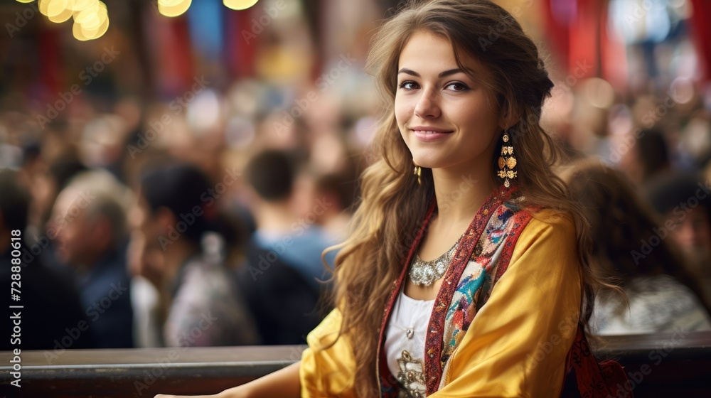 Beautiful young woman student attending university cultural events. Beautiful young woman student attending university cultural events.