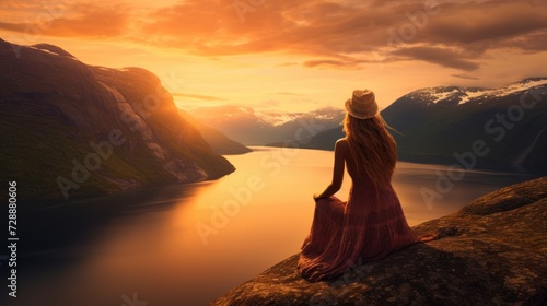 Beautiful woman with a model-like appearance enjoying the sunset over the fjords in Norway.