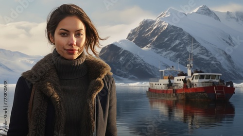 Beautiful woman with a model-like appearance ferry-hopping between the islands of Svalbard.