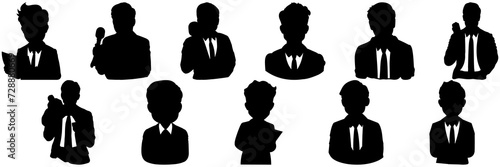  Tv reporter microphone silhouettes set, large pack of vector silhouette design, isolated white background.