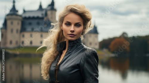 Beautiful woman with a model-like appearance posing against the backdrop of beautiful Swedish castles.