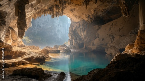 magnificent cave with a small lake in the background with a ray of sun entering from above in high definition and quality