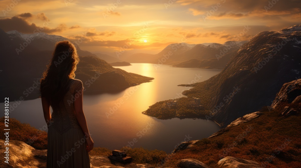 Beautiful woman with a model-like appearance enjoying the sunset over the fjords in Norway. Beautiful woman with a model-like appearance enjoying the sunset over the fjords in Norway.