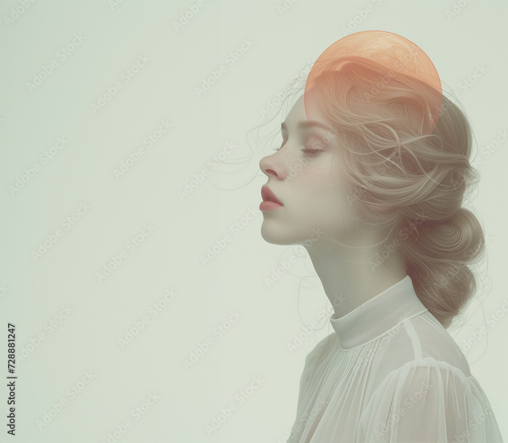 Conceptual portrait of young woman with skin silky and soft; meditative, dreamy expression. Natural, elegant beauty and purity of feminine. light makeup with abstract ethereal moon. Retro femininity