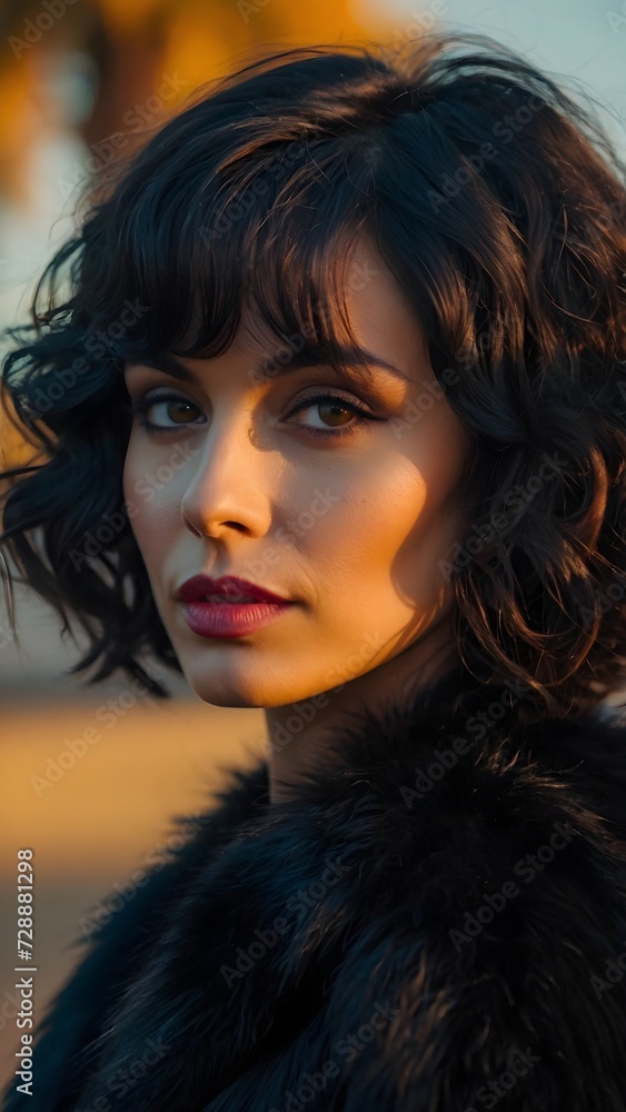 A portrait of a woman with black hair looking to the side