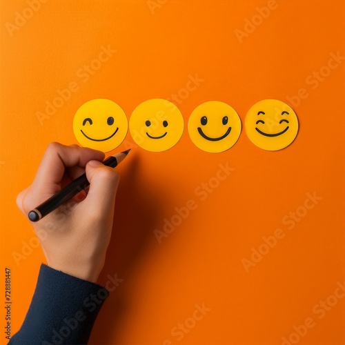 Smiling Emoji refresh Smiley, Vector Design cheery smile. Star rating love sybol expression graphic. Happy feedback ball cheerful expression happy smile. emotion focused therapy crm client service photo