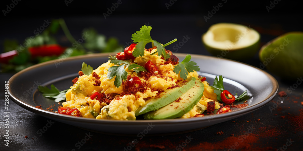 Scrambled egg with avocado and chili gastro photography about a perfect breakfast for healthy lifestyle
Scrambled egg with avocado and chili gastro photography about a perfect breakfast for healthy lifestyle