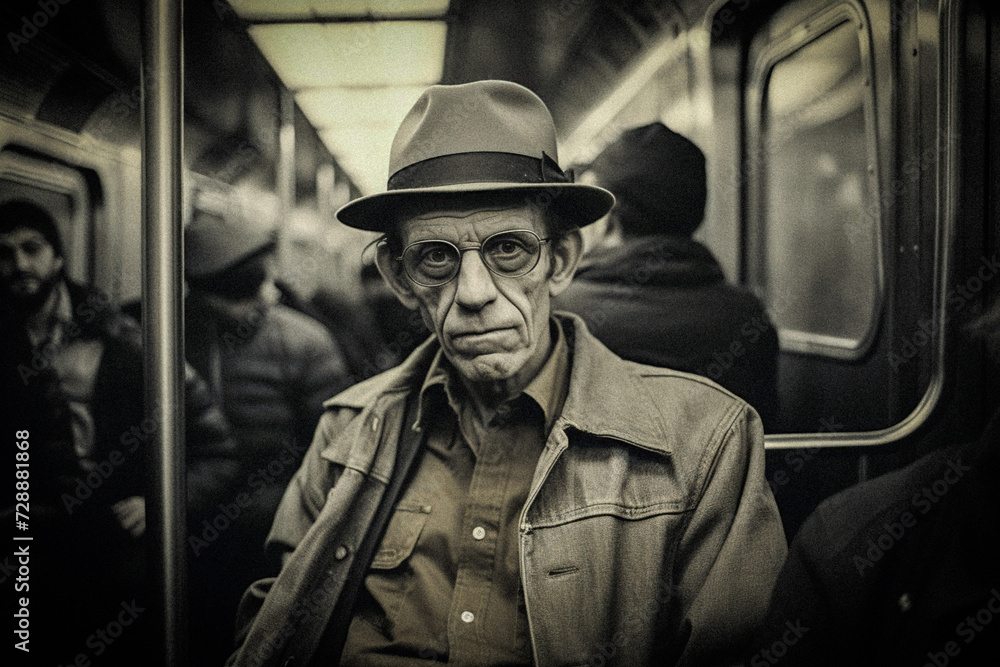 Fototapeta premium AI-Generated Somber Man in Subway