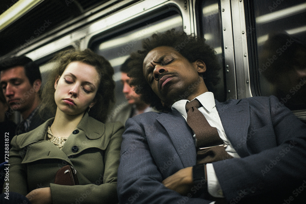AI-Generated Image: Man and Woman Asleep in Subway Car, Weary of Daily Life AI-Generated Image: Man and Woman Asleep in Subway Car, Weary of Daily Life