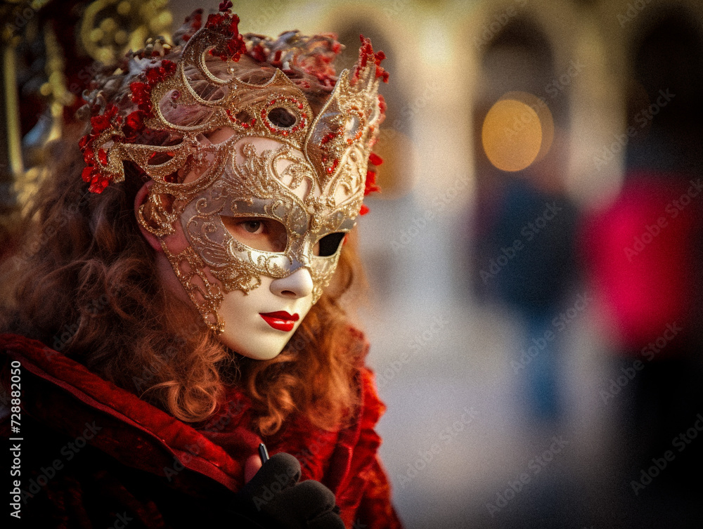 AI-Generated Portrait of a Beautiful Young Woman Masked at the Venice Carnival AI-Generated Portrait of a Beautiful Young Woman Masked at the Venice Carnival