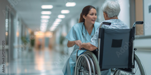 Compassionate nurse assisting elderly patient in wheelchair along hospital corridor. Volunteer medical care for elderly and disabled patients