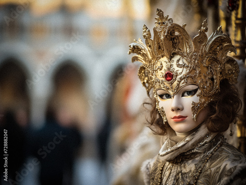 AI-Generated Portrait of a Beautiful Young Woman Masked at the Venice Carnival