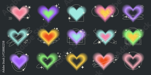 Y2k aesthetic blurred gradient aura hearts with linear circles, stars. Trendy set of modern blurry figures in brutalism style. Romantic transparent heart elements for social media background