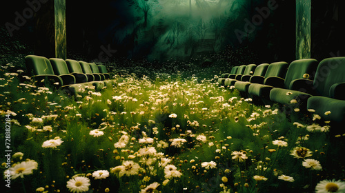 Vielle salle de cinéma abandonnée et envahie par des fleurs photo
