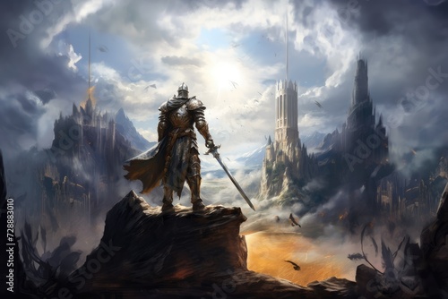 A Medieval Knight in Shining Armor Stands Defiantly, Wielding a Massive Sword Against a Backdrop of Majestic Castle Ruins