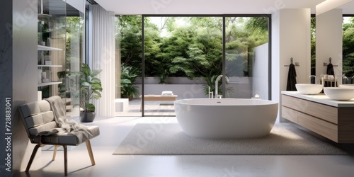 Modern bathroom with separate bathtub.