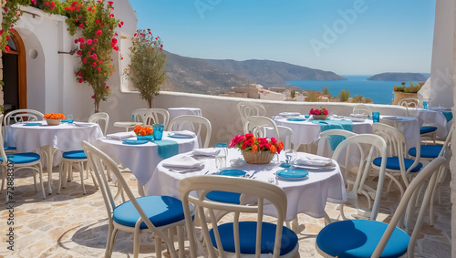 Fototapeta Naklejka Na Ścianę i Meble -  Beautiful summer street cafe in Greece traditional
