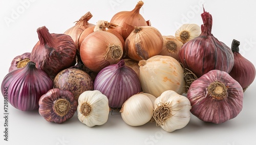 A diverse group of nutrient-packed root vegetables, including red and yellow onions, shallots, pearl onions, and garlic, highlight the beauty and abundance of local, natural produce in this vegan-fri photo