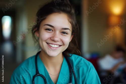  a nurse in scurbs smiling and looking happy