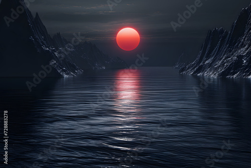red sun over the lake 