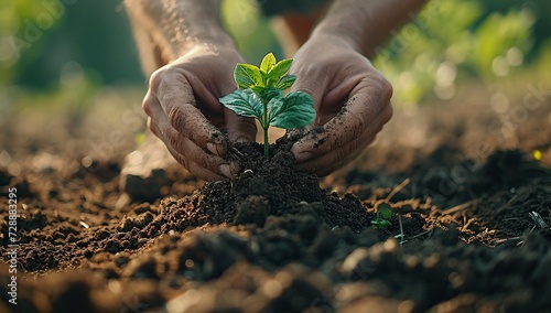 A farmworker carefully tends to a small vegetable garden, gently cutting into the rich soil and compost with their hand to plant a delicate herb photo