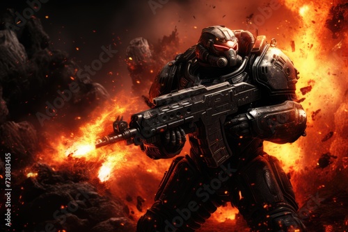Futuristic Space Marine Warfare: An Armored Soldier in Epic Combat Pose Wielding a Heavy Plasma Rifle, Ready for Intense Battles in a Futuristic Sci-Fi Setting.

