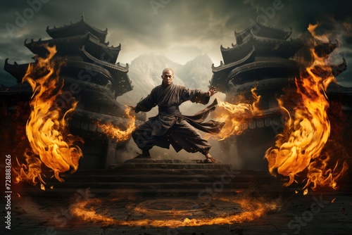 Spirit of the Warrior: Amidst the Ancient Temple, a Chinese Martial Artist Embodies Tradition with Flowing Robes and Precise Kung Fu Moves with the Strength of Fire Flames.
