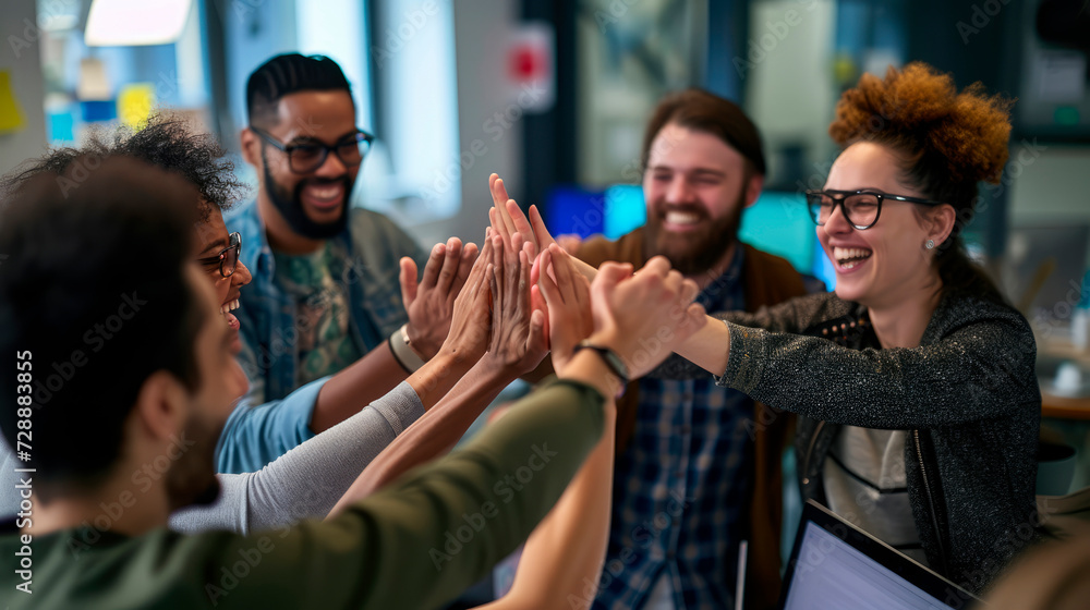 Fototapeta premium Software Development Team Celebrating Successful Launch of a New App. High-fives, smiles, and a collaborative atmosphere in a tech office
