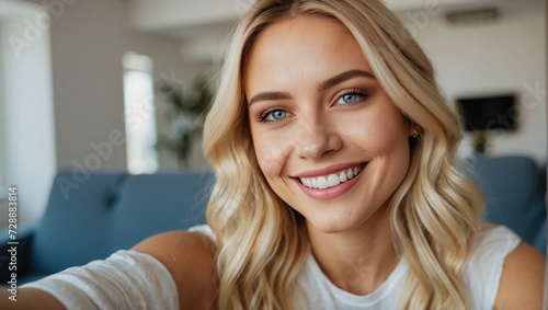 Close-up selfie of a young, attractive blonde woman with blue eyes, smiling at the camera in a well-lit indoor setting, wearing a white t-shirt, with a soft-focus background enhancing her features.