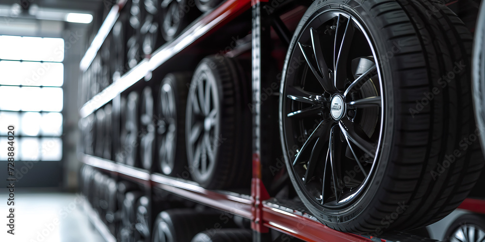 New car wheel and tires on tire storage rack New car wheel and tires on tire storage rack