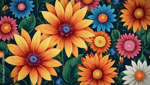 Colorful flowers illustration on a dark background