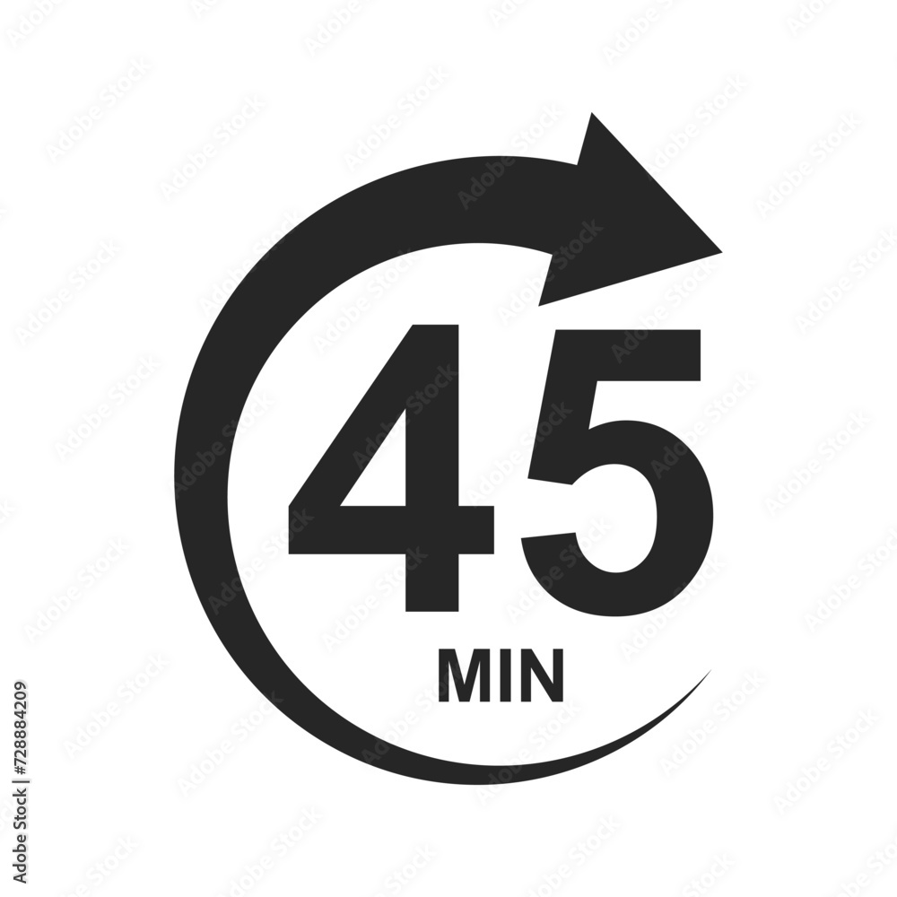 45 minutes icon with circle arrow. Stopwatch symbol. Countdawn sign. Sport or cooking timer isolated on white background. Delivery, deadline, duration pictogram. Vector graphic illustration. 45 minutes icon with circle arrow. Stopwatch symbol. Countdawn sign. Sport or cooking timer isolated on white background. Delivery, deadline, duration pictogram. Vector graphic illustration.