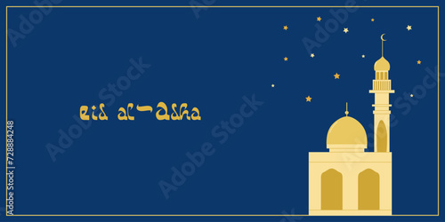 Eid al Adha feast sacrifice Kurban Bayram. Mosque on background starry sky. Great Muslim Holiday. Website Flyer banner design. Vector illustration.