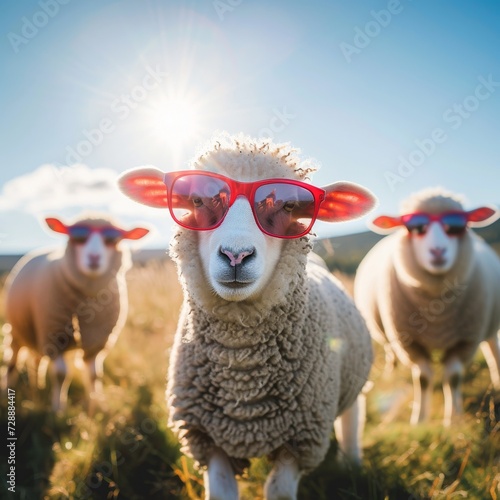 A flock of stylish sheep bask in the warm sun, grazing in a lush green field against a clear blue sky, showcasing their fashionable red sunglasses photo