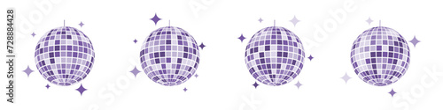 Purple discoball icons. Disco music party mirrorball in 70s 80s 90s retro discotheque style. Shining nightclub globe with glitters. Nightlife, holiday, fun vintage symbol