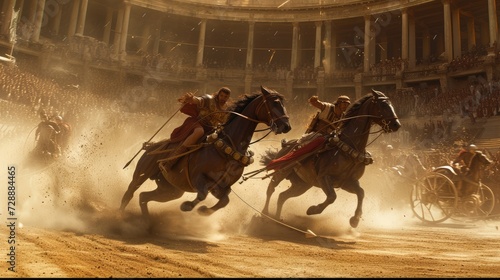 Ancient Racing Rivalry: A Glimpse into Roman Entertainment as Two Chariots Compete in the Historic Circus Maximus Arena, Bringing to Life the Excitement of Ancient Sport.

